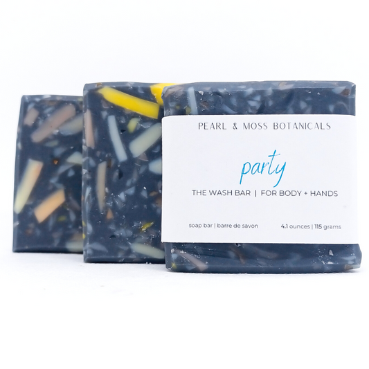 Our current favourite upcycle: the Party WASH Bar! We like to use soap scraps from previous WASH Bar batches to create this beautiful speckled bar, scented with spearmint essential oil.  Note: All of our bars are made in small batches and hand cut, thus not all bars may be the exact same size/shape.
