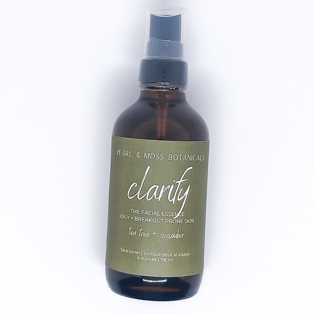 CLARIFY: A detoxifying and astringent facial essence with tea tree leaf hydrosol. Balanced with witch hazel distillate and cooling cucumber extract. Well suited for oily/breakout prone skin. The FACIAL ESSENCE is hydrating, refreshing and helps to enhance your skin care routine, at any time of the day. Full of active ingredients, each facial essence is formulated to provide the perfect amount of hydration and toning properties.