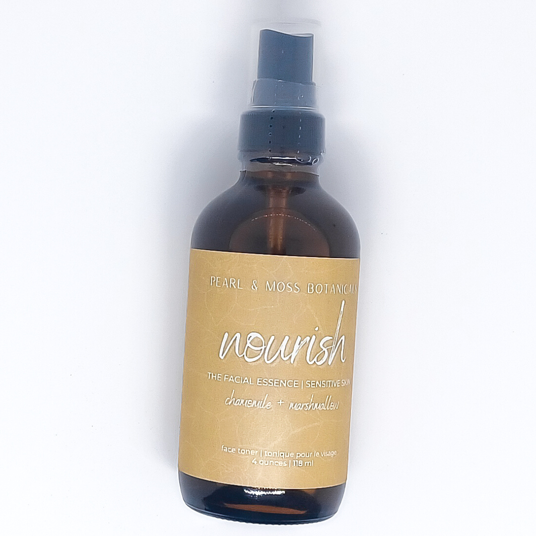NOURISH: A soft and gentle facial essence with chamomile floral water, balance with aloe and coconut extracts for additional hydration. Well suited for sensitive, mature, and/or damaged skin. Well rounded enough for all skin types. The FACIAL ESSENCE is hydrating, refreshing and helps to enhance your skin care routine, at any time of the day. Full of active ingredients, each facial essence is formulated to provide the perfect amount of hydration and toning properties.