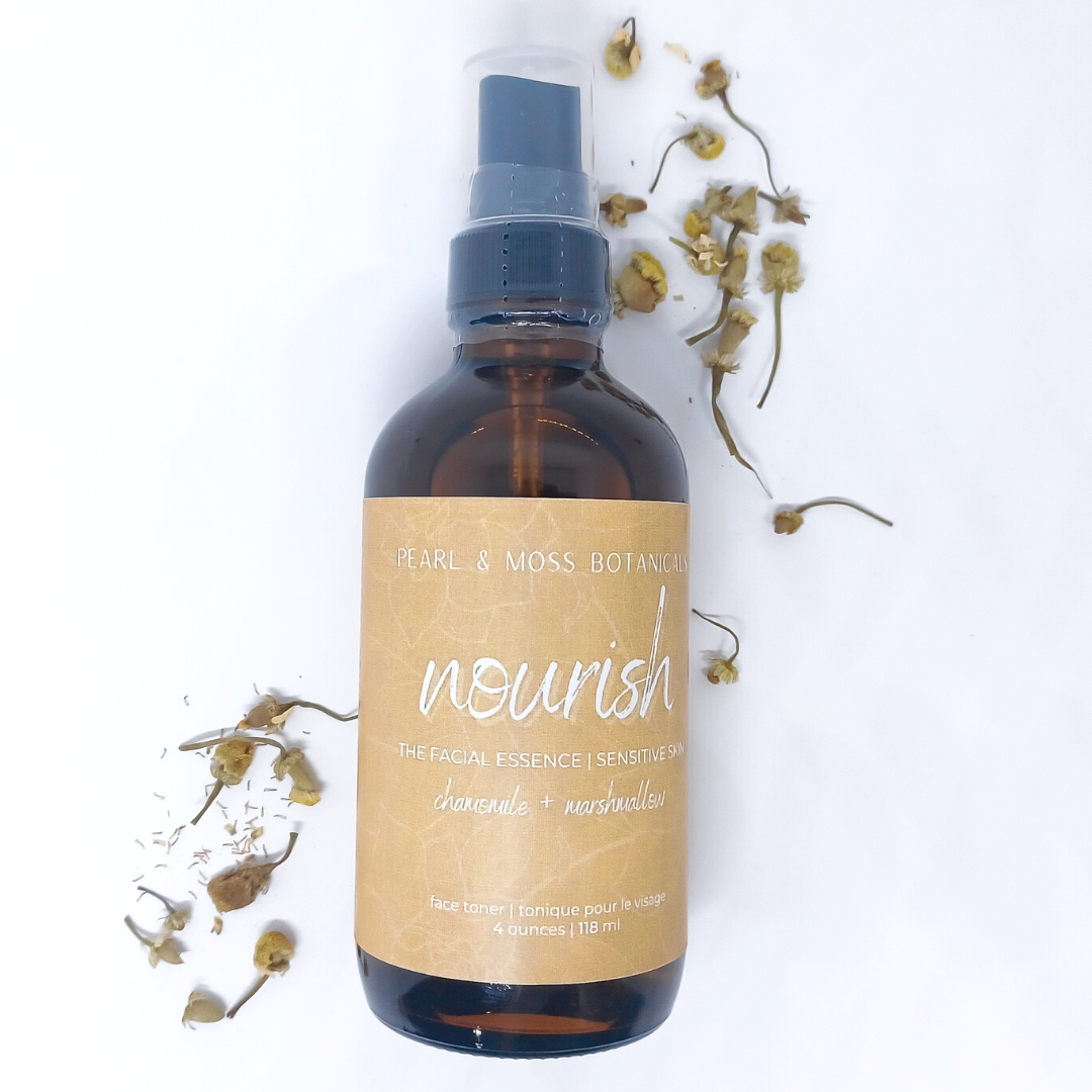NOURISH: A soft and gentle facial essence with chamomile floral water, balance with aloe and coconut extracts for additional hydration. Well suited for sensitive, mature, and/or damaged skin. Well rounded enough for all skin types. The FACIAL ESSENCE is hydrating, refreshing and helps to enhance your skin care routine, at any time of the day. Full of active ingredients, each facial essence is formulated to provide the perfect amount of hydration and toning properties.