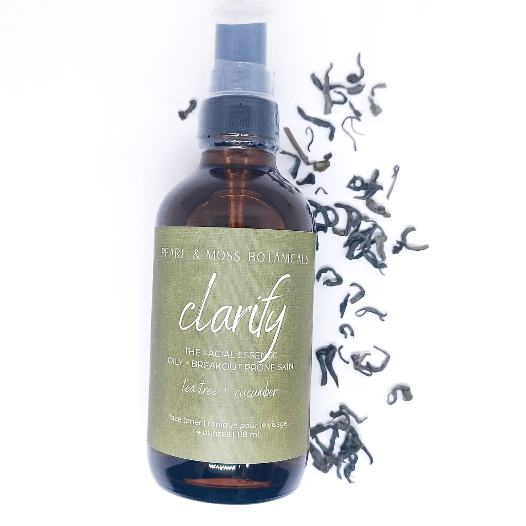 CLARIFY: A detoxifying and astringent facial essence with tea tree leaf hydrosol. Balanced with witch hazel distillate and cooling cucumber extract. Well suited for oily/breakout prone skin. The FACIAL ESSENCE is hydrating, refreshing and helps to enhance your skin care routine, at any time of the day. Full of active ingredients, each facial essence is formulated to provide the perfect amount of hydration and toning properties.