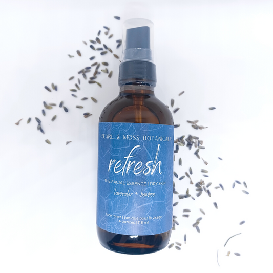 REFRESH: A hydrating facial essence with calming lavender floral waters for irritated and inflamed areas of skin. Balanced with soothing aloe vera and bamboo extract. Well suited for dry skin.   The FACIAL ESSENCE is hydrating, refreshing and helps to enhance your skin care routine, at any time of the day. Full of active ingredients, each facial essence is formulated to provide the perfect amount of hydration and toning properties.