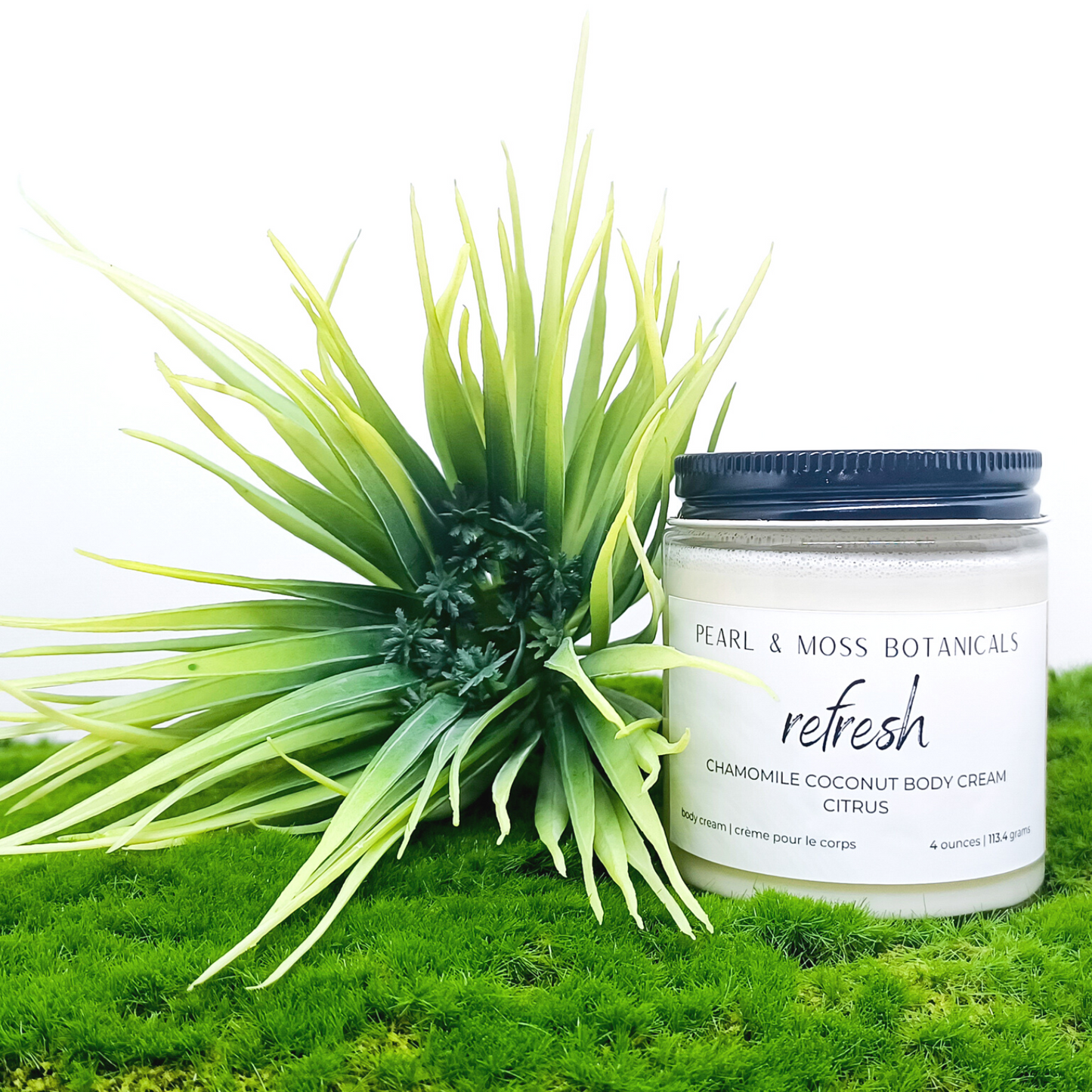 REFRESH: Light and citrusy, REFRESH is a blend of pink grapefruit, bergamot and sweet orange essential oils.  Light and smooth, the Chamomile Coconut Body Cream is softening and conditioning for the skin, with extra soothing effects from chamomile extract. Rich and luxurious, tucuma and babassu butter shine in this body cream, bringing a velvety smooth finish to your skin, while providing delicious hydration to your skin, courtesy of coconut water.