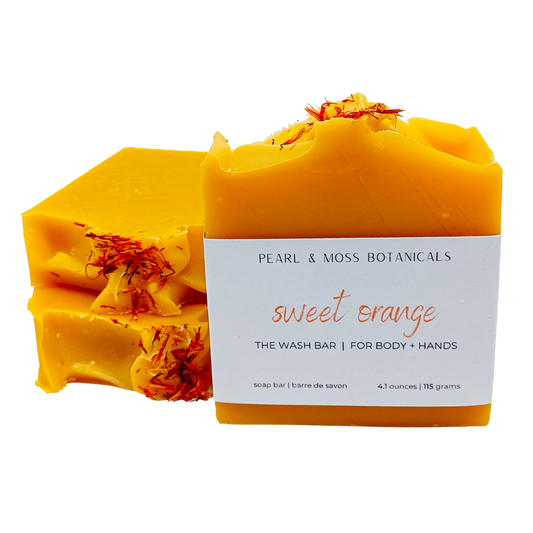 The SWEET ORANGE bar gets it’s vibrant hue from annatto powder, which is derived from the seeds of the achiote tree. The suds of this soap have a tendency to mimic the orange colour of the soap, but not to worry! Because it’s a wash-off product, these suds will not stain the skin.  Topped with safflower petals, this bar is bright and cheery and a guaranteed way (in our opinion!) to put a little more pep in your step!