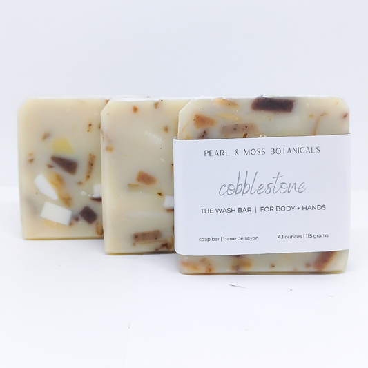 Our new favourite upcycle? The Cobblestone WASH Bar! We like to use soap scraps from previous EXFOLIATE Bar batches to create this beautifully speckled, lightly exfoliating, soap bar scented with cedarwood essential oil.