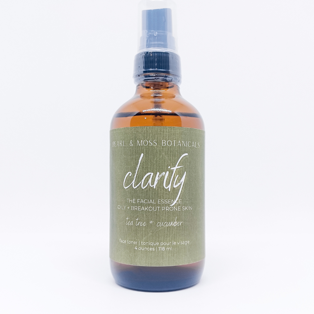 CLARIFY: A detoxifying and astringent facial essence with tea tree leaf hydrosol. Balanced with witch hazel distillate and cooling cucumber extract. Well suited for oily/breakout prone skin.  The FACIAL ESSENCE is hydrating, refreshing and helps to enhance your skin care routine, at any time of the day. Full of active ingredients, each facial essence is formulated to provide the perfect amount of hydration and toning properties.
