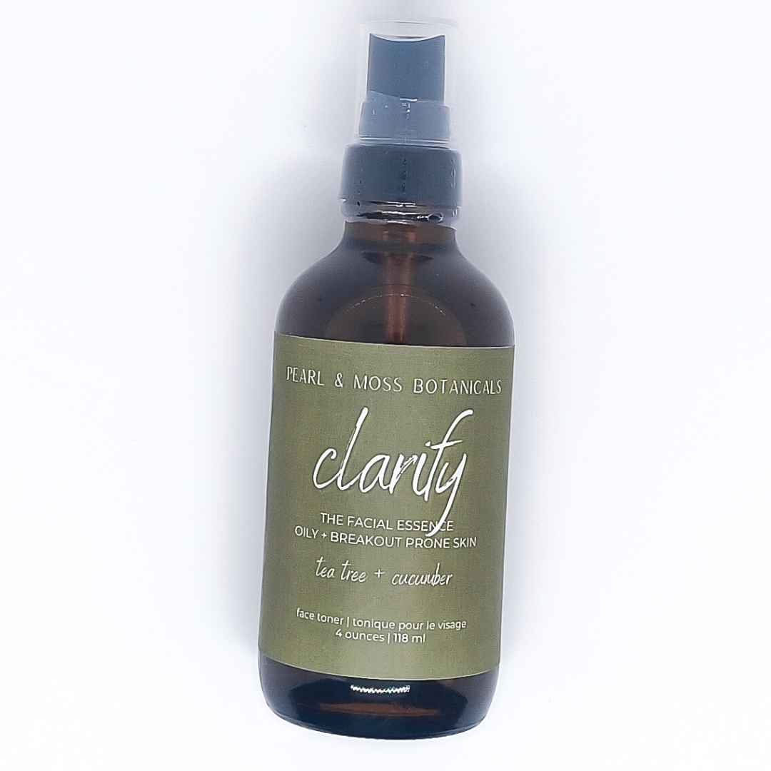 CLARIFY: A detoxifying and astringent facial essence with tea tree leaf hydrosol. Balanced with witch hazel distillate and cooling cucumber extract. Well suited for oily/breakout prone skin.  The FACIAL ESSENCE is hydrating, refreshing and helps to enhance your skin care routine, at any time of the day. Full of active ingredients, each facial essence is formulated to provide the perfect amount of hydration and toning properties.