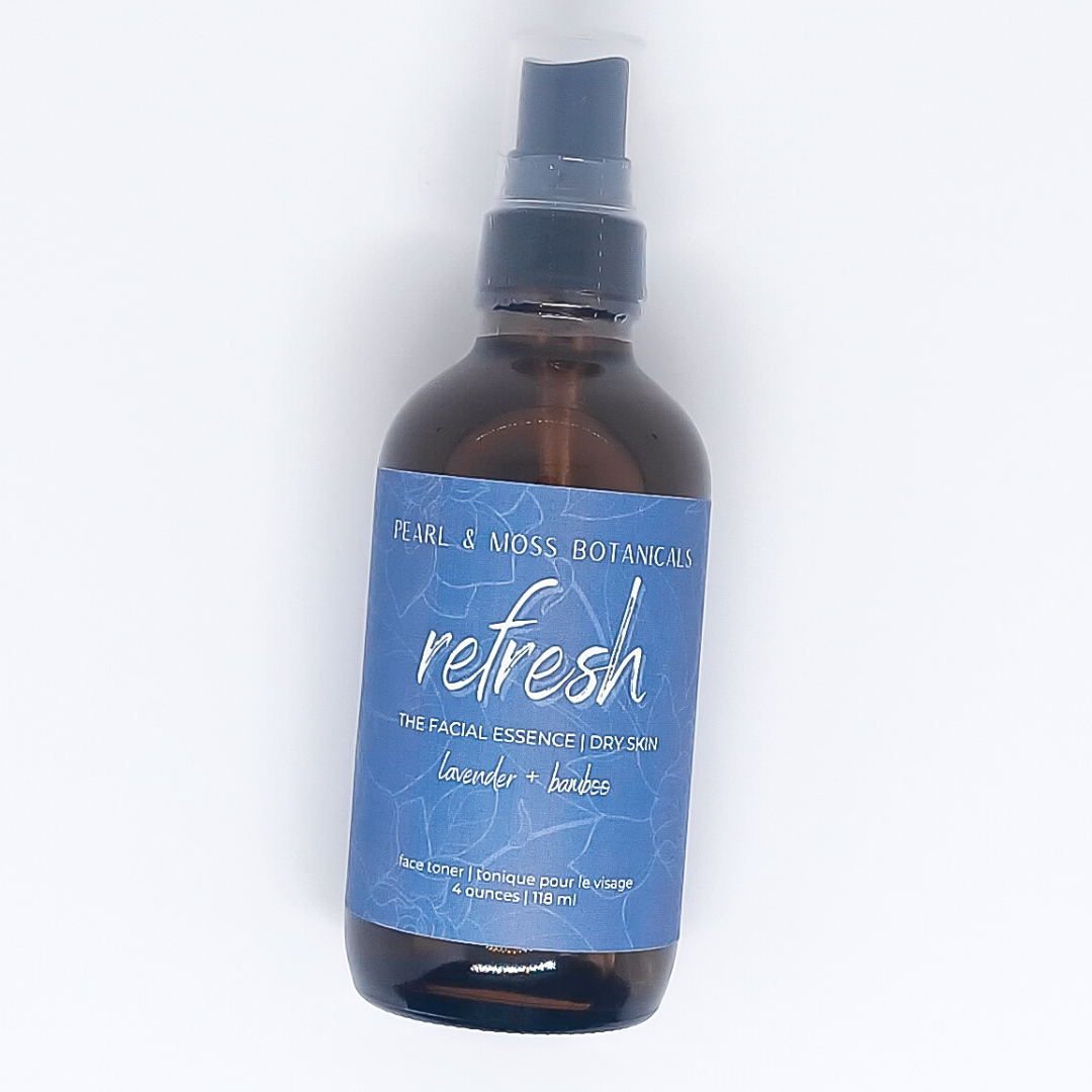 REFRESH: A hydrating facial essence with calming lavender floral waters for irritated and inflamed areas of skin. Balanced with soothing aloe vera and bamboo extract. Well suited for dry skin.   The FACIAL ESSENCE is hydrating, refreshing and helps to enhance your skin care routine, at any time of the day. Full of active ingredients, each facial essence is formulated to provide the perfect amount of hydration and toning properties.