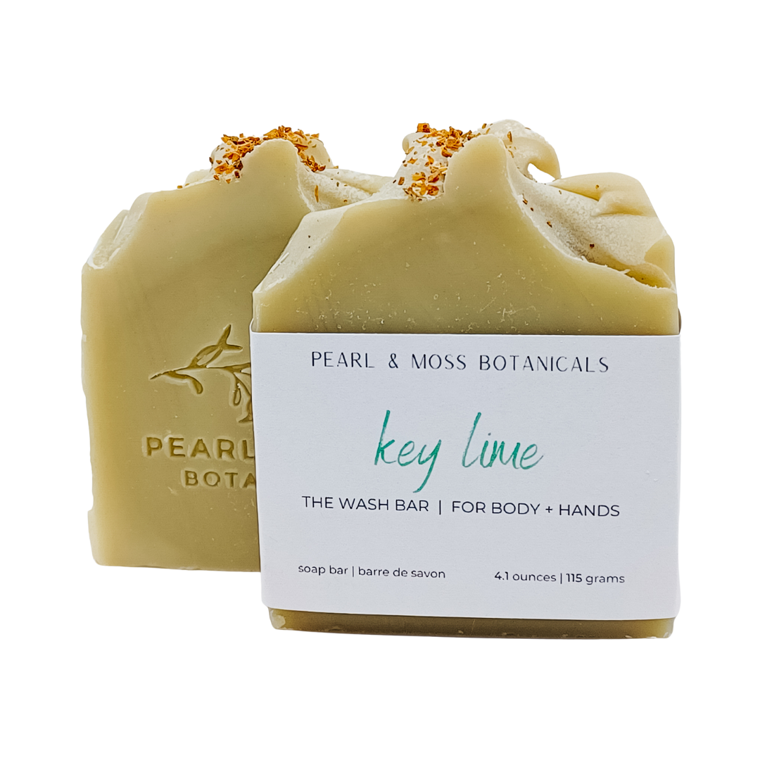 The smell of every beachfront vacation, the Key Lime WASH Bar boasts the fresh and fruity smells of key lime. Uplifting, energizing and playful, the Key Lime bar is a perfect round out to any collection.  Naturally coloured with French green clay, turmeric powder and indigo powder, this beautifully simple green bar is topped with dried lemon peel for an extra hint of citrus.