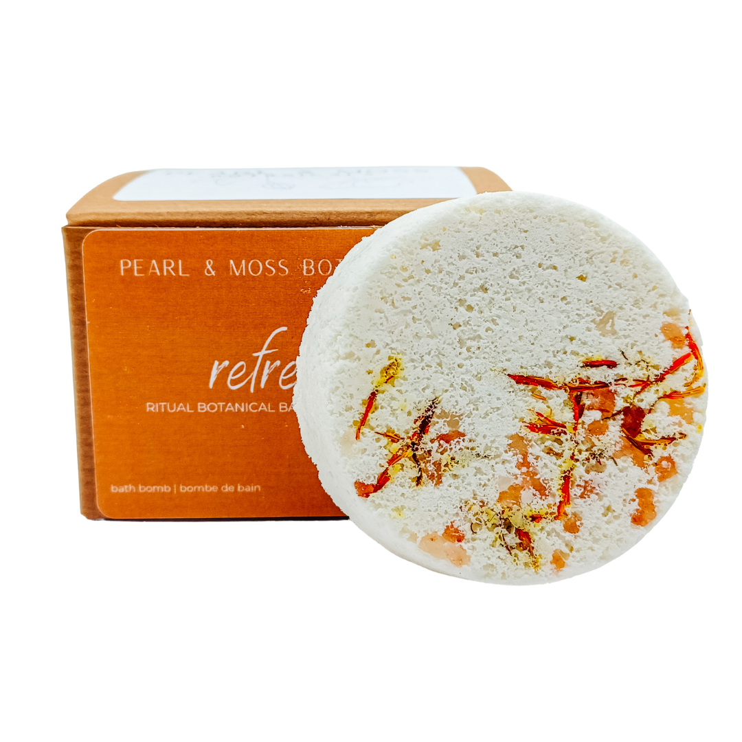 REFRESH: Citrus (light and energizing) + topped with safflower petals and pink Himalayan sea salts  The Ritual Botanical BATH BOMBS are formulated with intent, and dedication to finding purpose and creating ritual in our lives. Formulated with Dead Sea salts, the Botanical Bath Bombs are soft and soothing, rich with hydrating evening primrose oil, and scented perfectly with 100% pure essential oils.