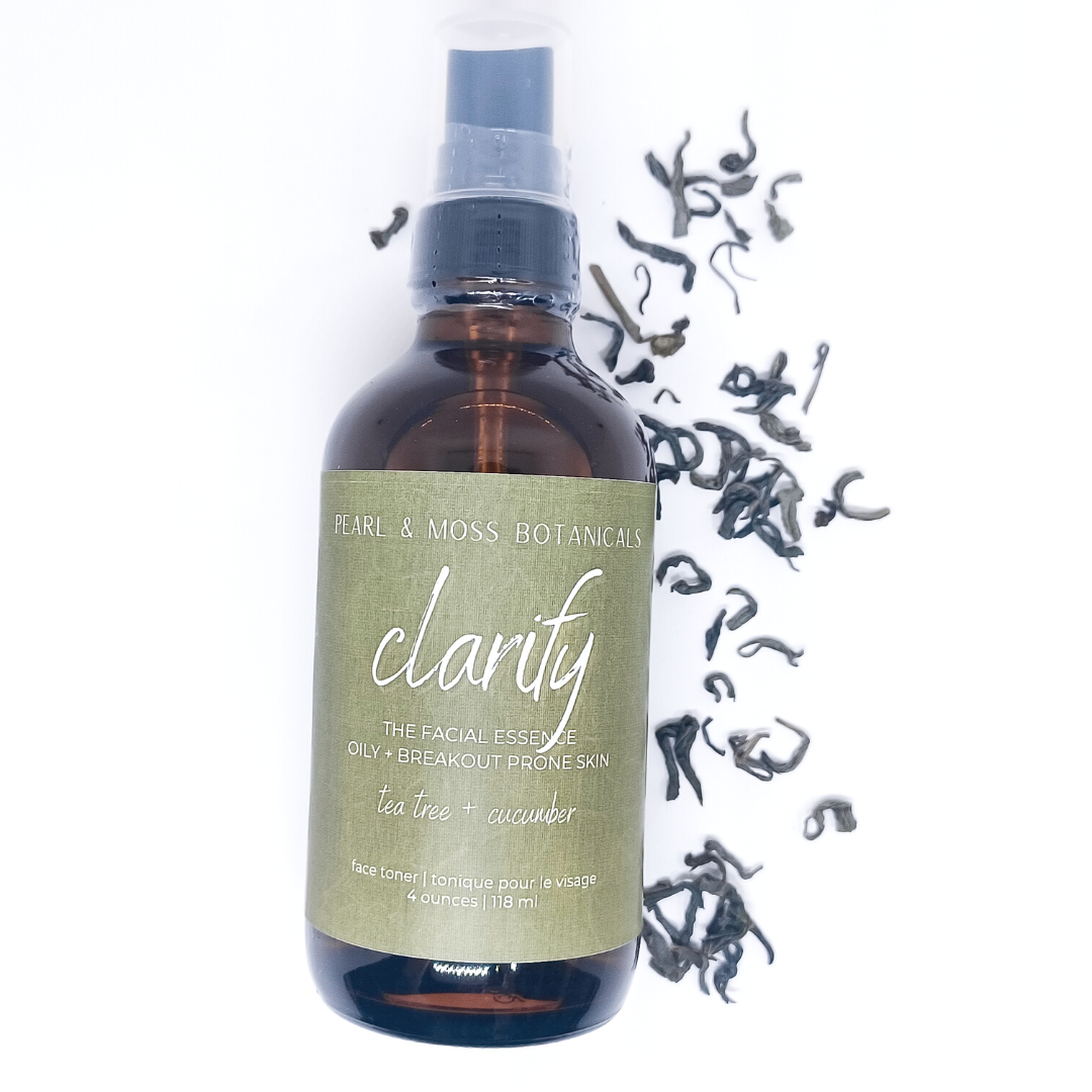 CLARIFY: A detoxifying and astringent facial essence with tea tree leaf hydrosol. Balanced with witch hazel distillate and cooling cucumber extract. Well suited for oily/breakout prone skin.  The FACIAL ESSENCE is hydrating, refreshing and helps to enhance your skin care routine, at any time of the day. Full of active ingredients, each facial essence is formulated to provide the perfect amount of hydration and toning properties.