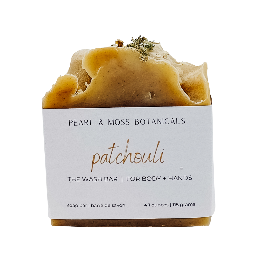 Down to earth, the Patchouli bar is scented with Patchouli essential oil; strong, sweet and musky all at once, this bar is grounding and timeless. A scent for lovers of nature!  Naturally coloured with Rhassoul (Moroccan Lava) Clay and Beet Root powder, the Patchouli bar is filled with unexpected swirls and topped with dainty dried yarrow flowers.