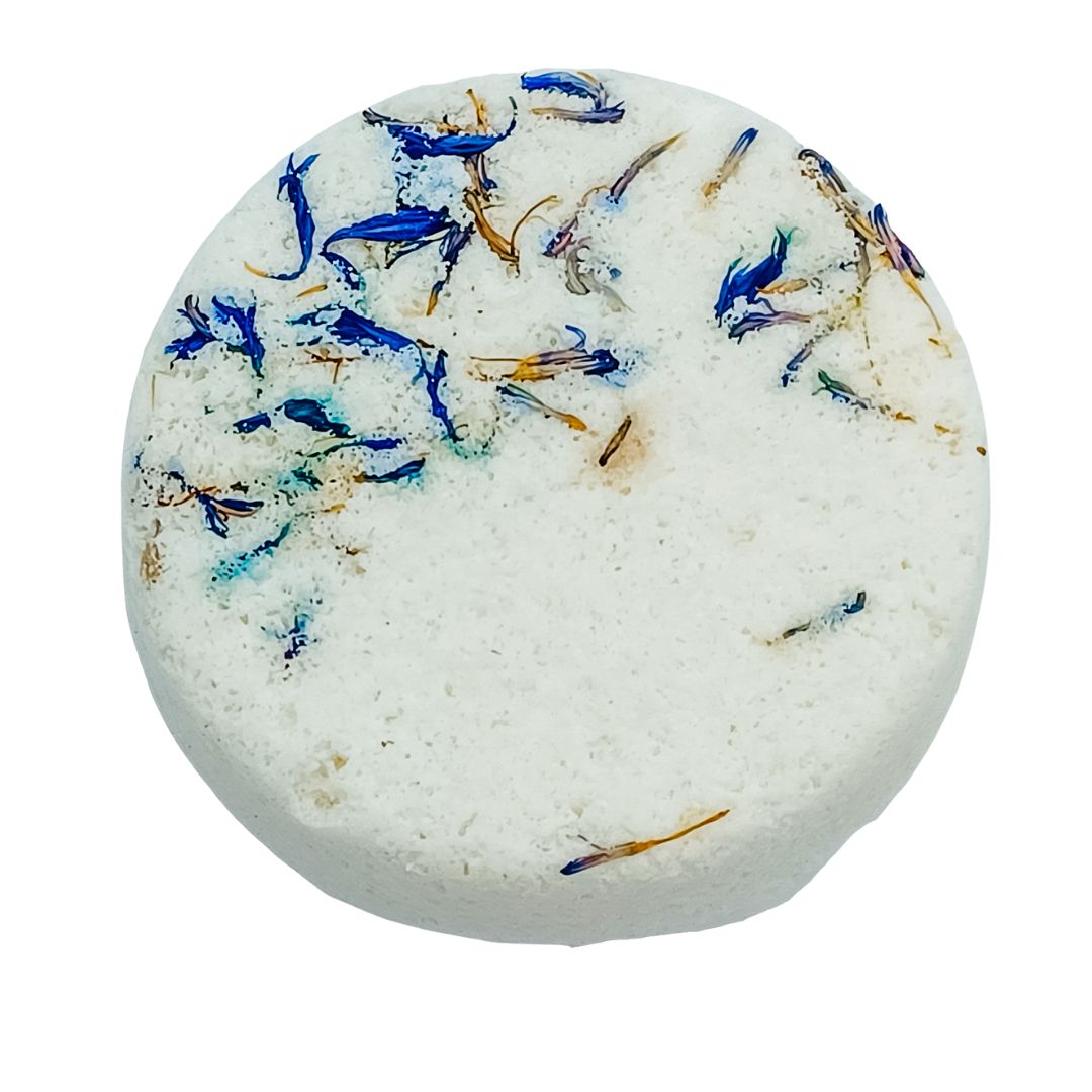 RESTORE: Eucalyptus + Fir Needle (fresh and cool) + topped with blue cornflowers.  The Ritual Botanical BATH BOMBS are formulated with intent, and dedication to finding purpose and creating ritual in our lives. Formulated with Dead Sea salts, the Botanical Bath Bombs are soft and soothing, rich with hydrating evening primrose oil, and scented perfectly with 100% pure essential oils.